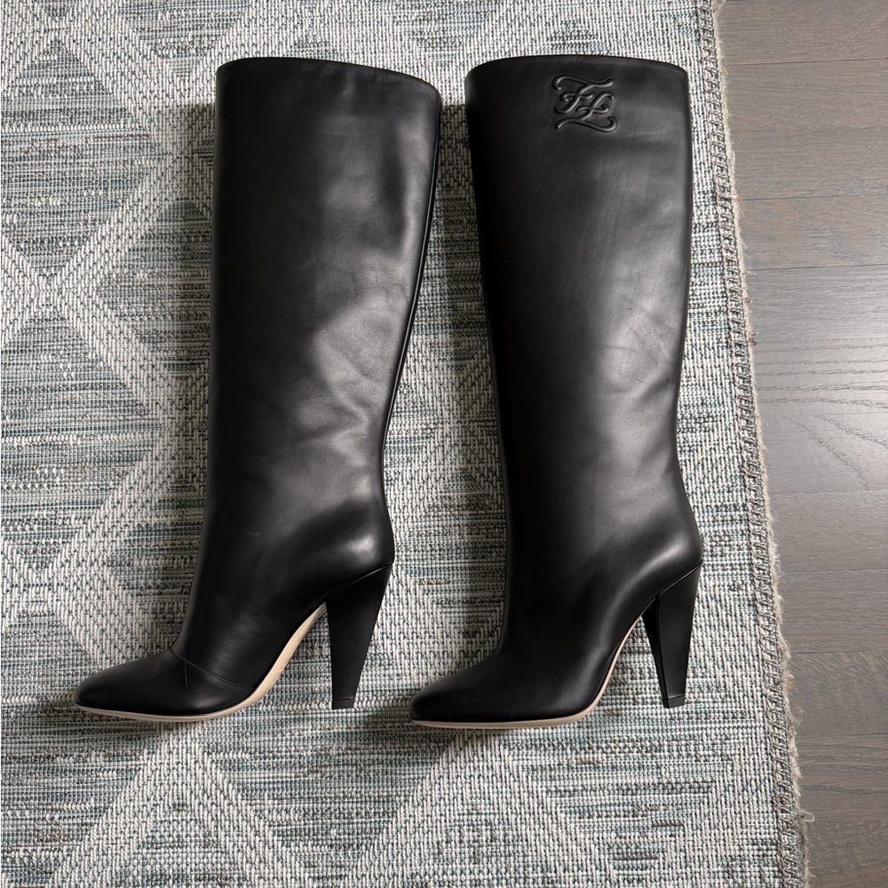 FENDI Karligraphy Leather Knee High Black Boots - Picture 8 of 12